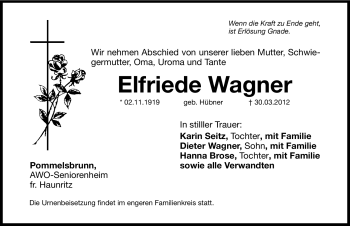 Traueranzeige von Elfriede Wagner von Hersbrucker Zeitung